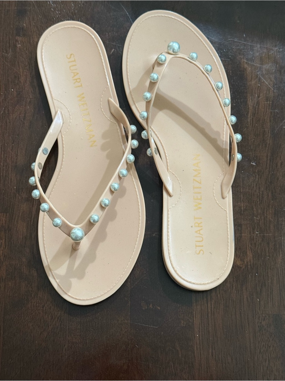 Stuart Weitzman Goldie Jelly Flip Flops in a pearl-embellished design Size 8